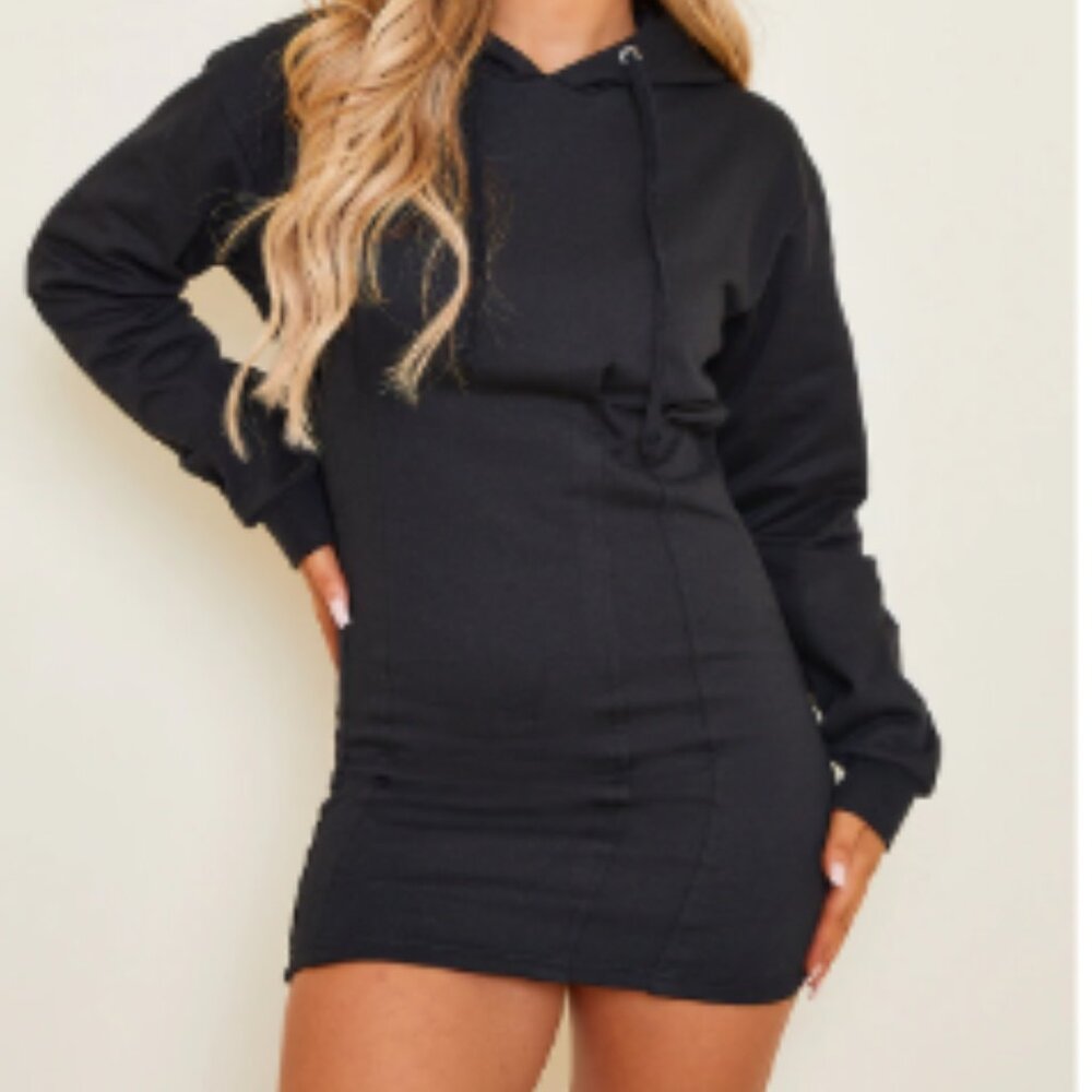 Black Pleated Hoodie Sweater Dress
